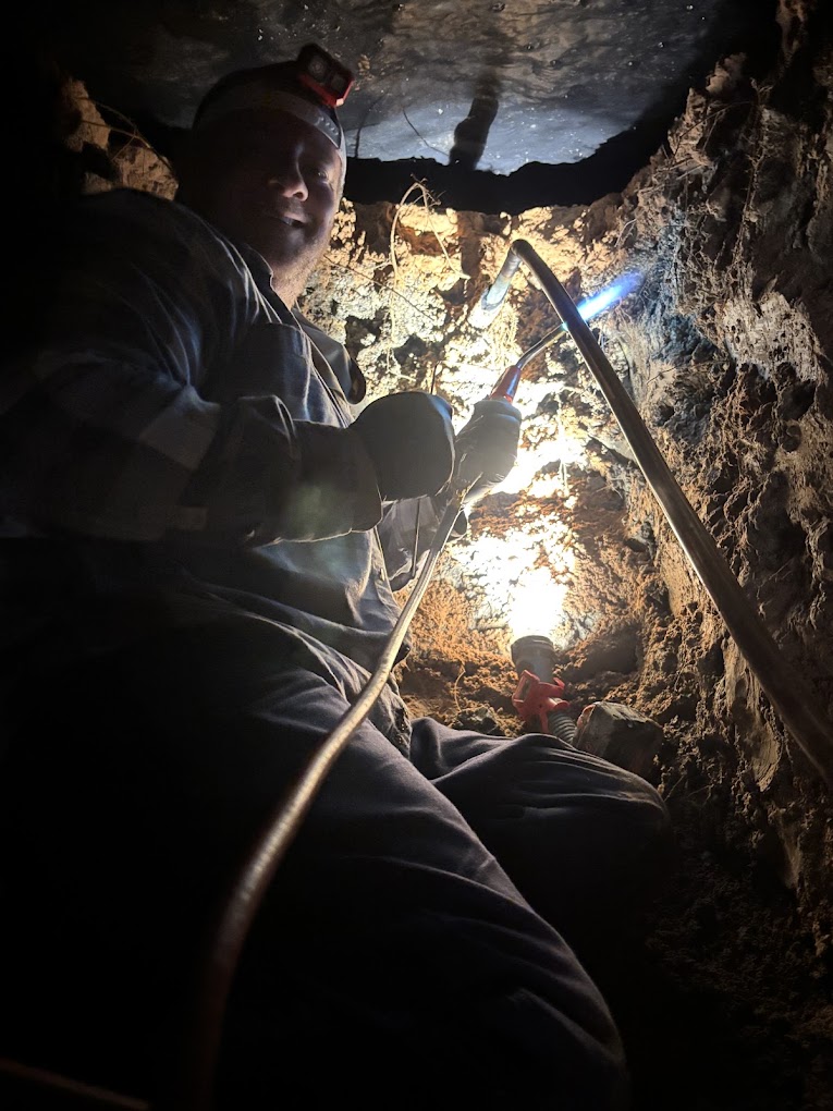 Underground tunnel repair with silver solder on a residential water line